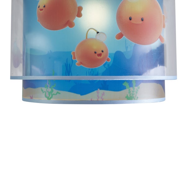 Zweistufiger zylinderförmiger Lampenschirm für Kinderzimmer mit Unterwasser-Motiv und lachenden Fischen.