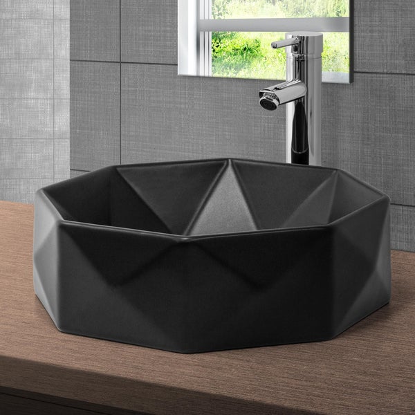 ML-Design Waschbecken aus Keramik in Schwarz matt Ø 42x13,5 cm mit Ablaufgarnitur, Diamant Design, Runde Aufsatzwaschbecken, Moderne Waschtisch, Waschschale Waschplatz Handwaschbecken, für Badezimmer