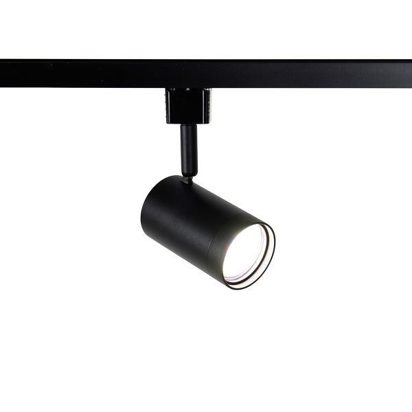 Schwarzer LED-Strahler für Schienensysteme in zylindrischer Form, verstellbar.