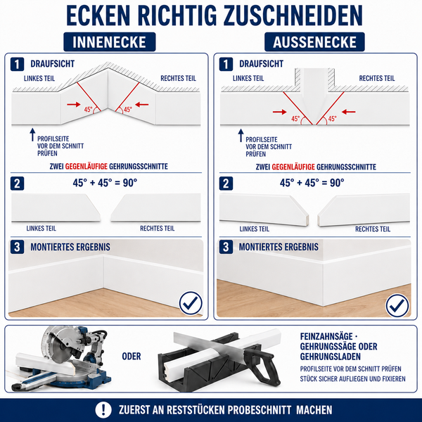 Anleitung zum Zuschneiden von Innenecken und Außenecken für Sockelleisten mit Gehrungsschnitt mittels Gehrungssäge oder Gehrungslade.