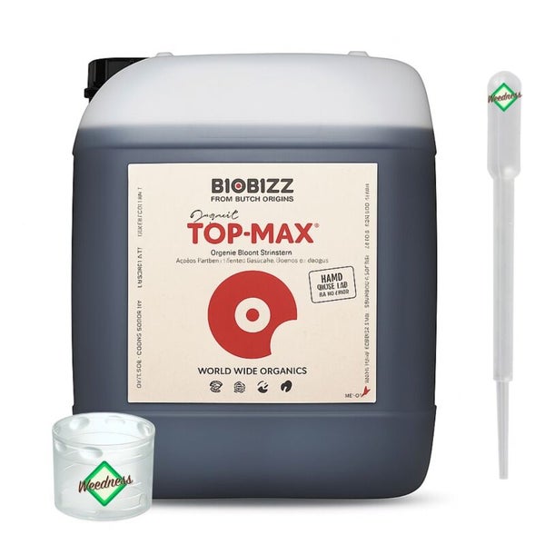 Biobizz Top-Max organischer Blühstimulator im Kanister mit Messbecher und Pipette.