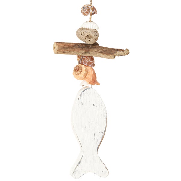 Dekorationsobjekt mit Holz, Steinen, Muscheln und Fischmotiv