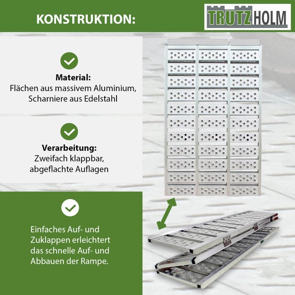 Trutzholm Logo. Aluminiumrampe mit Flächen aus massivem Aluminium und Scharnieren aus Edelstahl, zweifach klappbar und mit abgeflachten Auflagen für einfachen Auf- und Abbau.