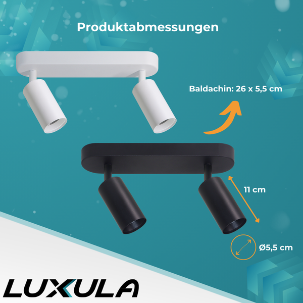 Produktabbildung von zwei Luxula Strahlern mit Maßangaben