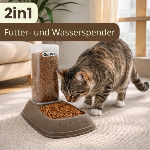 GarPet 2-in-1 Futter- und Wasserspender aus Kunststoff, GarPet Logo, eine Katze frisst Trockenfutter aus dem Napf in einem hellen Zimmer.