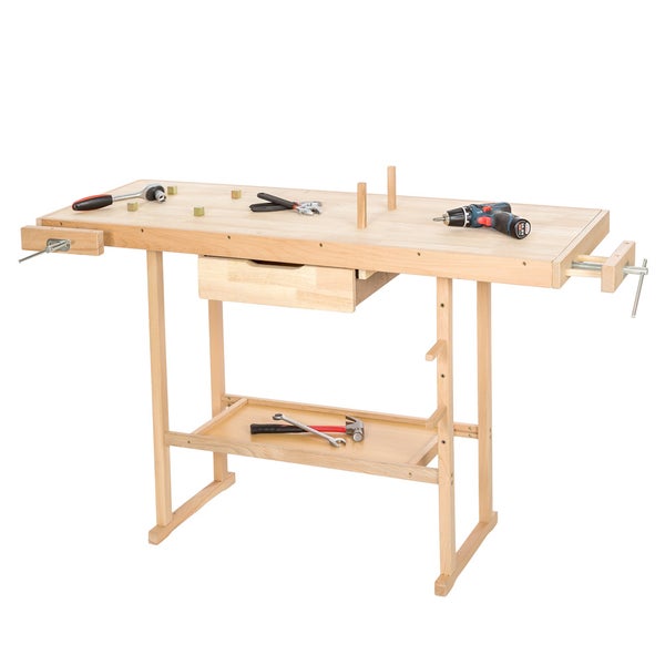 Holzwerkbank tectake  137 x 50 x 87 cm mit 2 Schraubstöcken braun