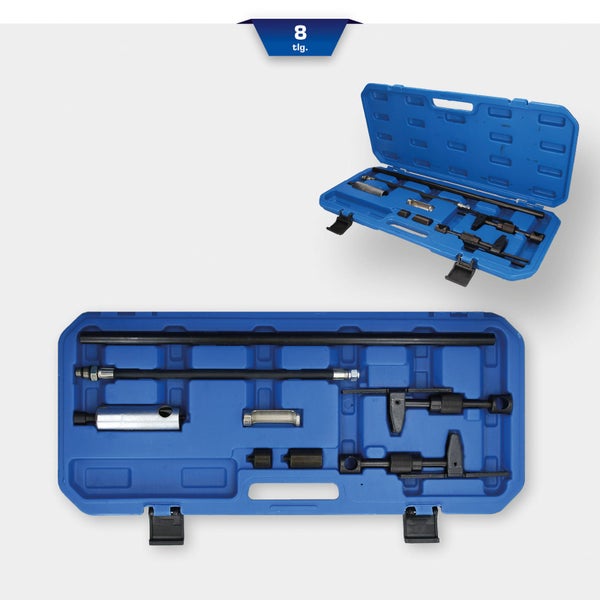 Werkzeugsatz mit acht Teilen im blauen Koffer