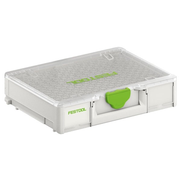 Festool Organizer Systainer³ ORG L 89 aus Kunststoff mit transparentem Deckel und grünem Drehverschluss.