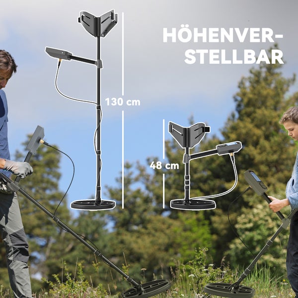 Personen mit einem höhenverstellbaren Metalldetektor beim Suchen im Freien, Größenangabe 130 Zentimeter und 48 Zentimeter
