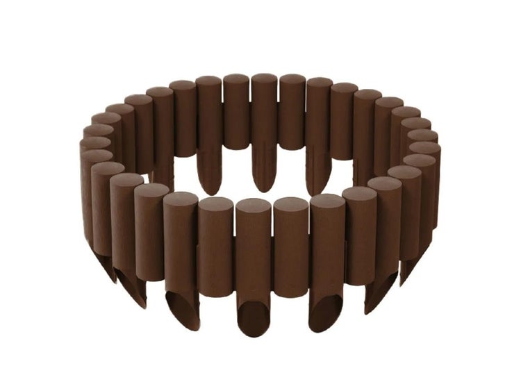 Beeteinfassung aus Kunststoff, braun, flexible Palisade mit Erdspießen, in Ringform.