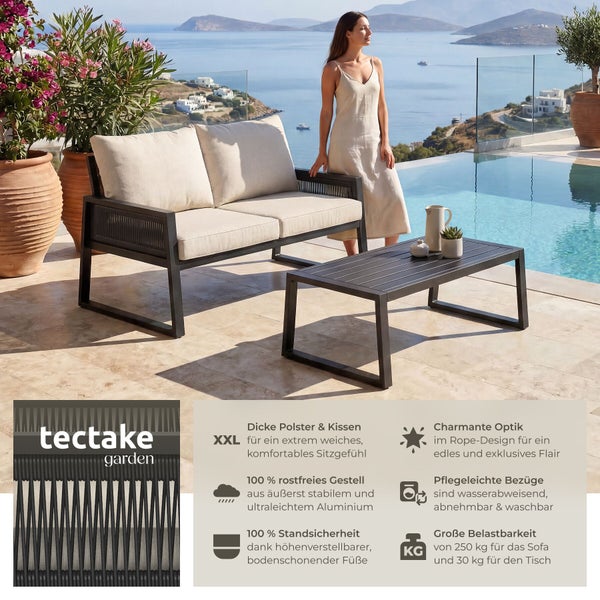 tectake garden Logo. Modernes Aluminium Garten-Lounge-Set mit Zweisitzer im Seil-Design und Tisch auf einer hellen Terrasse am Pool.