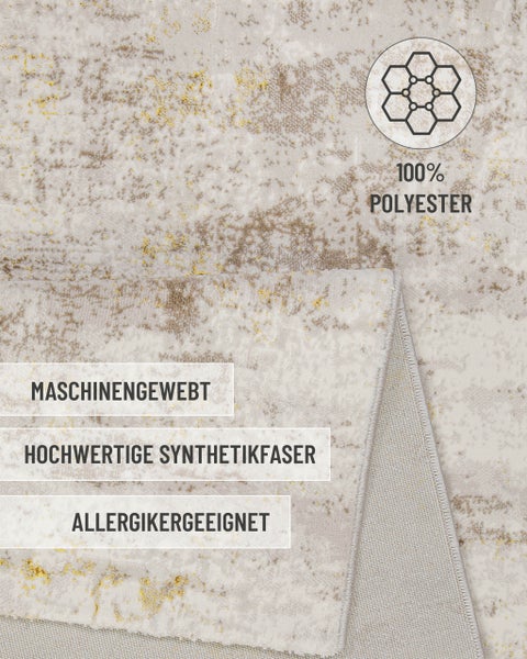 Teppich aus 100 Prozent Polyester, maschinengewebt, hochwertige Synthetikfaser, für Allergiker geeignet.
