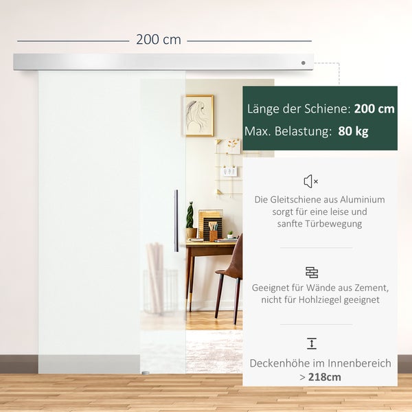HOMCOM Glasschiebetür Schiebetür Tür Zimmertür mit Griffstange einseitig satiniert 102,5 x 205cm