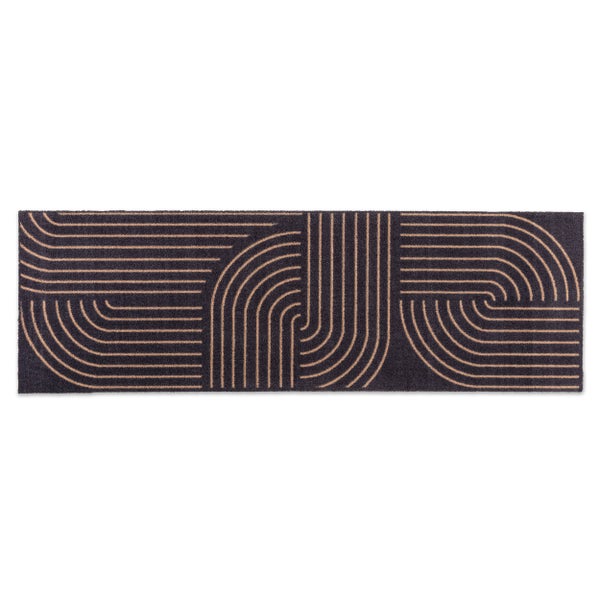 Rechteckiger Läufer mit geometrischem Muster aus abstrakten Bögen und Linien.