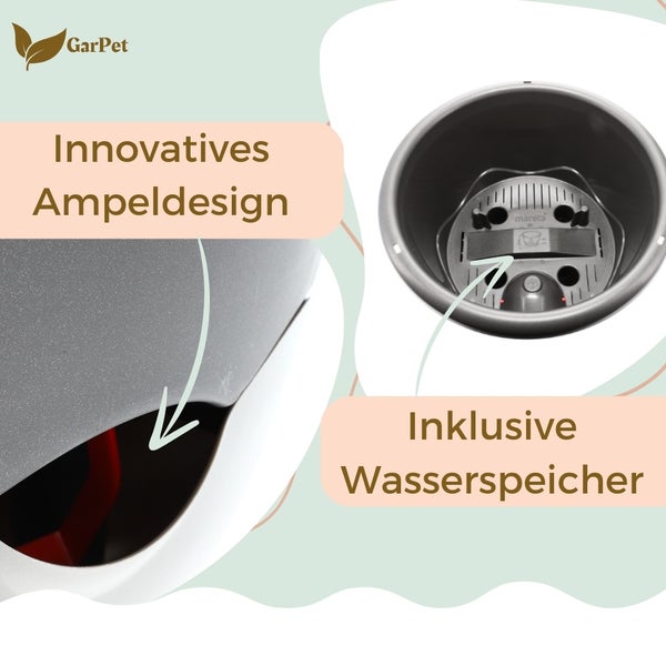 GarPet Logo. Detailansicht einer Hängeampel mit innovativem Design und integriertem Wasserspeicher.