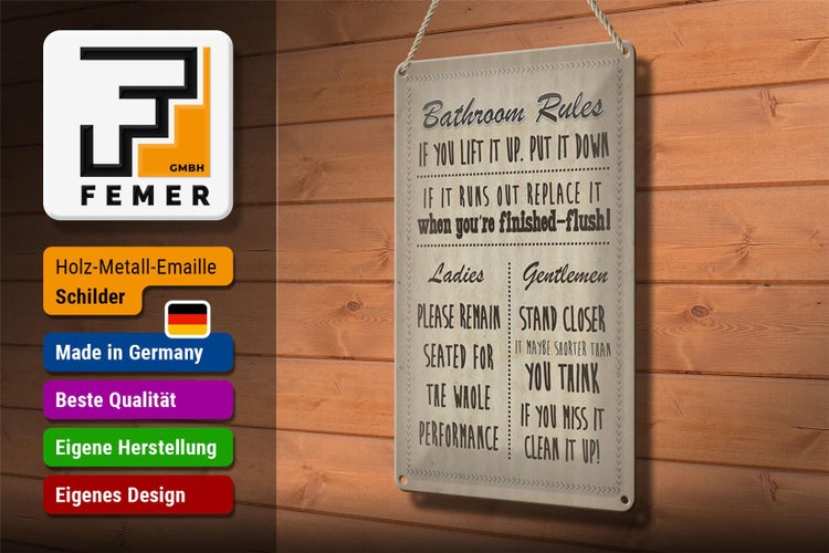 Blechschild Spruch 20x30cm Bathroom Rules Ladies Gentlemen