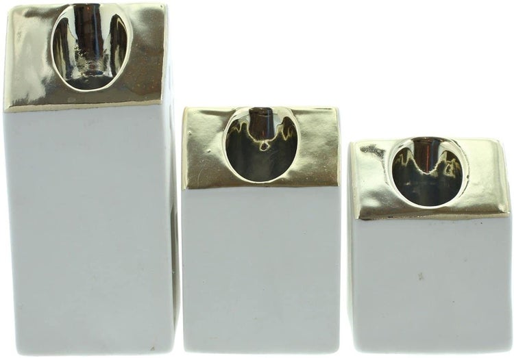 Dekoleidenschaft 3x Kerzenhalter Häuschen aus Porzellan, weiß + gold, Kerzenständer für Tafelkerzen, Tischdeko für Wohnzimmer