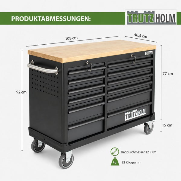 Werkstattwagen, Holzplatte, 10 Schubladen, 108 x 46,5 x 92 Zentimeter, Raddurchmesser 12,5 Zentimeter, Gewicht 82 Kilogramm. Trutzholm Logo.