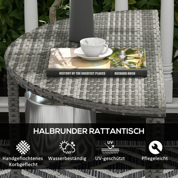Outsunny Balkontisch Garten Beistelltisch Tisch Gartenmöbel halbrund Polyrattan Metall Grau 100 x 50 x 74 cm
