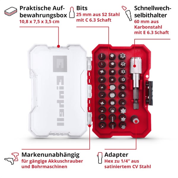 Einhell XS-CASE 32-tlg. Bit-Set (25-mm-Bits, 60-mm-Schnellwechselbithalter, Adapter mit Hex zu 1/4 Antrieb inkl. Aufbewahrungsbox)