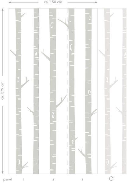 Tapete mit Birkenmuster und einer Größe von circa 150 mal 279 Zentimeter.