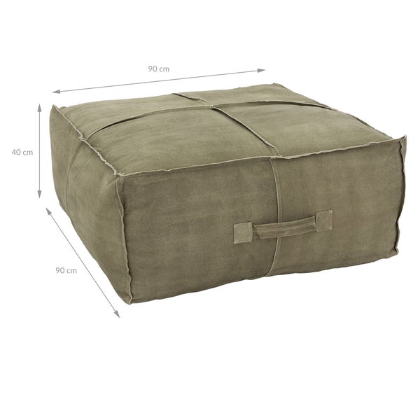 WOMO-DESIGN Sitzpouf XXL Liberec aus Leinen in Olivegrün mit Tragegriff 90x40x90 cm Quadratisch Handgefertigt Baumwolle Füllung Modern Sitzpuff Pouf Puff Ottoman Sitzhocker Fußhocker Hocker Sitzkissen