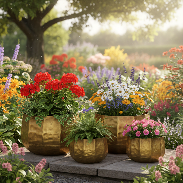 Strukturierte goldene Blumentöpfe mit Geranien und Farn auf Steinplatten in einer hellen, gepflegten Gartenanlage mit vielfältiger Bepflanzung.