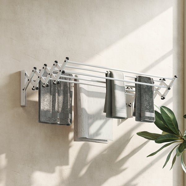 HOMCOM Wäscheständer Wand Ausziehbar Wäschetrockner Wandmontage mit 8 Stangen aus Aluminium, Platzsparender Trockenständer für Drinnen und Draußen 86 x 61 x 22 cm, Silber