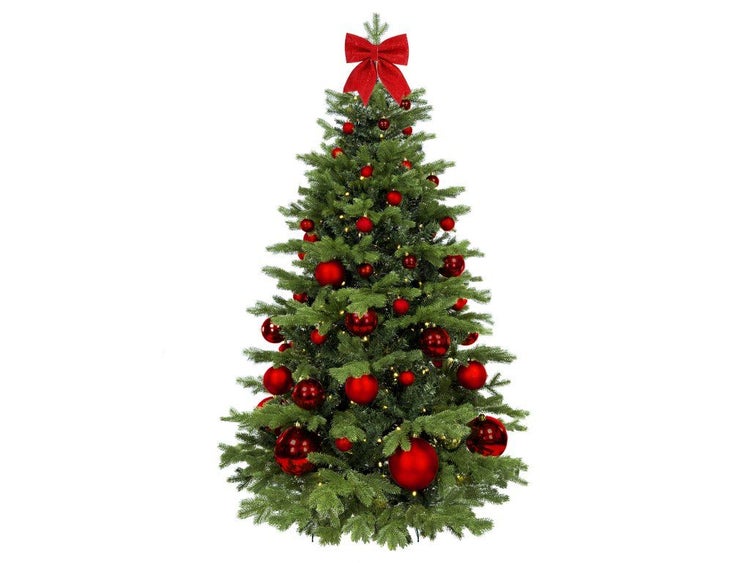 Geschmückter künstlicher Weihnachtsbaum mit Weihnachtskugeln und einer Schleife an der Spitze.