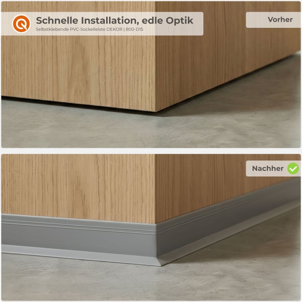Vorher und Nachher Vergleich einer selbstklebenden PVC Sockelleiste an einer Holzwand mit Bodenanschluss.