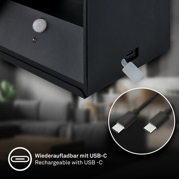 Wiederaufladbare Leuchte mit Bewegungssensor, USB-C-Ladeanschluss und USB-C-Kabel.