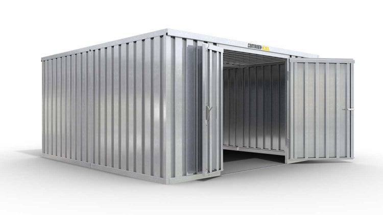 Lagercontainer Gerätehaus M2  – 12 qm, H2115 x B3050 x T4340 mm, verzinkt, ohne Fußboden, 1830 mm Doppelflügeltür mittig in Stirnseite, zerlegt