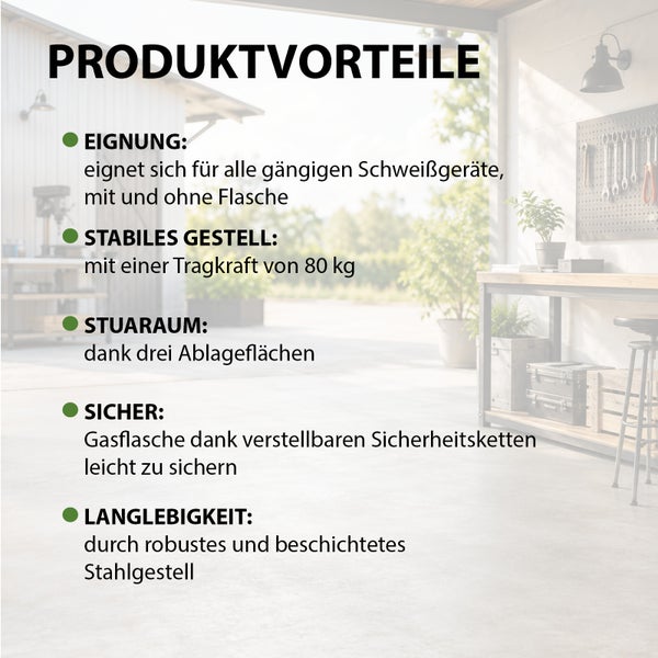 Infografik zeigt Produktvorteile eines Schweißwagen mit Angaben zu Eignung, Tragkraft, Ablageflächen, Sicherheit und Material.