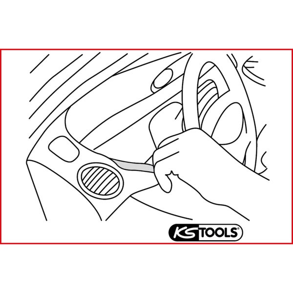 Illustration eines Demontagewerkzeugs für Fahrzeugverkleidungen am Armaturenbrett mit KS Tools Logo.