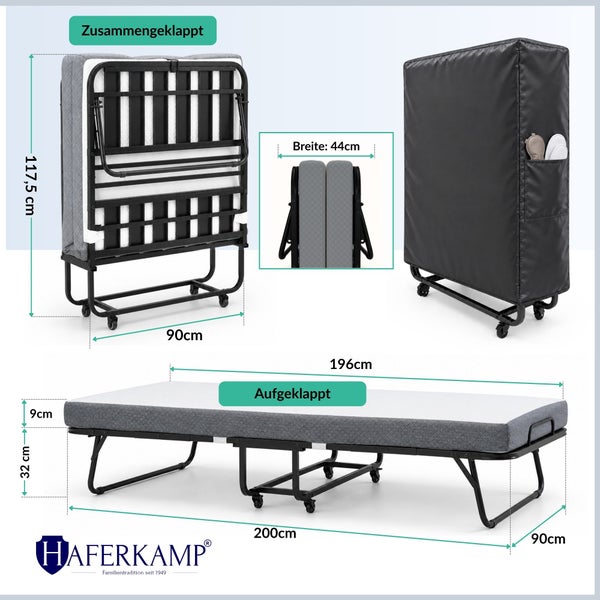 Klappbett von Haferkamp mit Matratze, aufklappbar und rollbar, inklusive Schutzhülle und Maßen in Zentimetern.