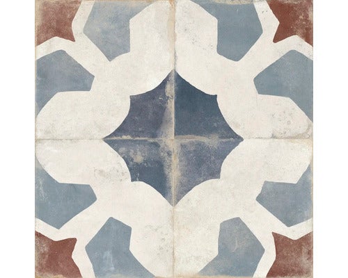 Quadratische Bodenfliese mit blauem, weißem und braunem Ornament-Muster im Vintage-Stil.
