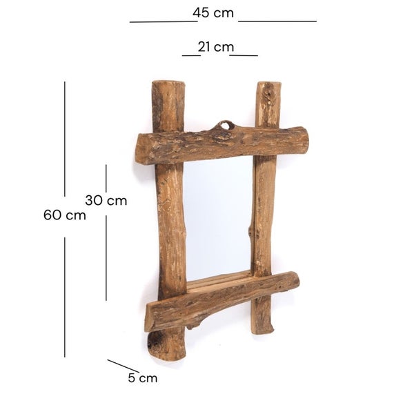 Wandspiegel mit rustikalem Rahmen aus Naturholz-Ästen. Maße 45 mal 60 mal 5 Zentimeter. Spiegelfläche 21 mal 30 Zentimeter.