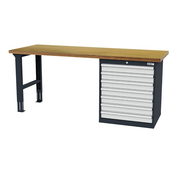 Werkbank mit Holzplatte, einem höhenverstellbaren Standfuß und einem Schubladenschrank mit neun Schubladen.