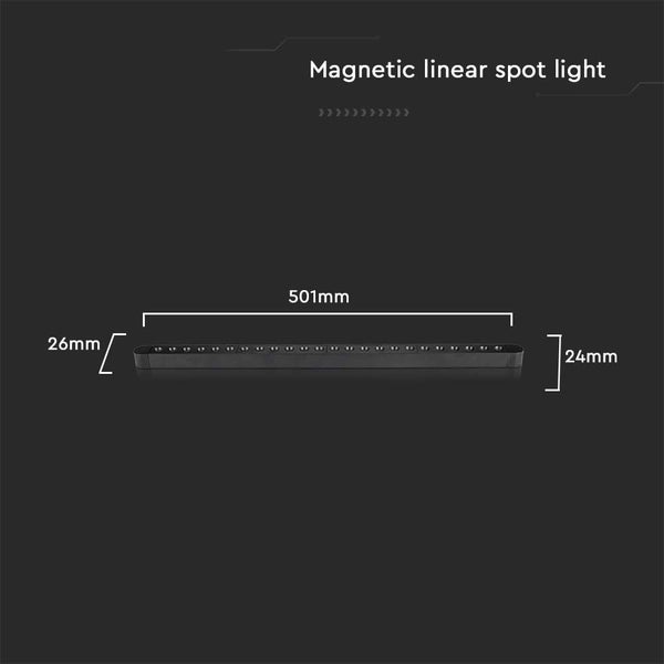 Magnetischer linearer Strahler mit den Maßen 501 mm Länge, 26 mm Breite und 24 mm Höhe.