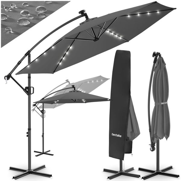 Ampelschirm mit LED-Beleuchtung, neigbarem Schirm, wasserabweisender Oberfläche und Schutzhülle mit Tectake Logo.