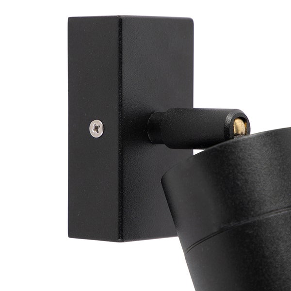 Detailansicht eines mattschwarzen Wandspots mit rechteckiger Halterung und verstellbarem Gelenk.