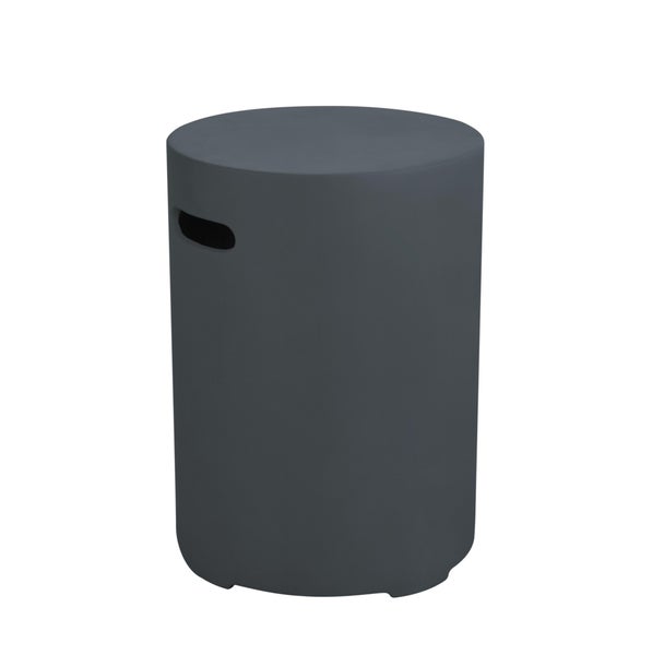 Runder Gartenhocker oder Beistelltisch in Anthrazit mit Griffmulde, zylindrische Form, matte Oberfläche.
