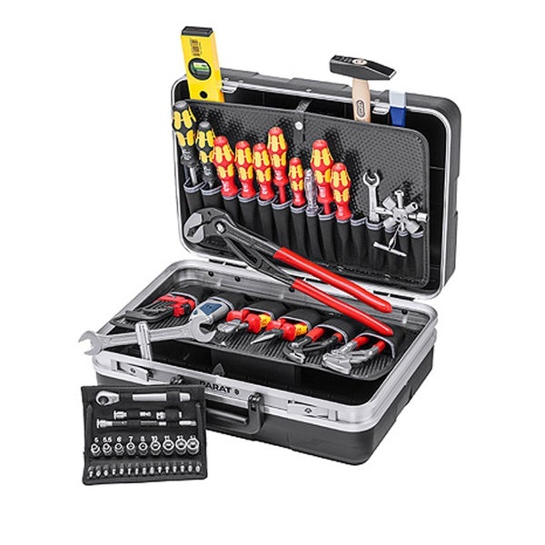 Geöffneter Werkzeugkoffer mit diversen Werkzeugen wie Schraubendreher, Hammer, Wasserwaage, Zange und Schraubenschlüssel.