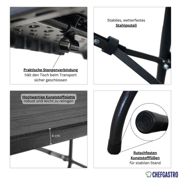 Details Klapptisch mit wetterfestem Stahlgestell, Stangenverbindung, 4 Zentimeter dicker Kunststoffplatte und rutschfesten Füßen. ChefGastro Logo.