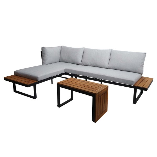 Eck-Loungemöbel-Set für den Garten mit schwarzem Metallgestell, Holzelementen und grauen Polstern sowie einem Beistelltisch.