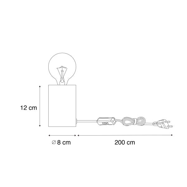 Maßzeichnung einer Tischleuchte mit einer Höhe von 12 Zentimetern, einem Durchmesser von 8 Zentimetern und einer Kabellänge von 200 Zentimetern.