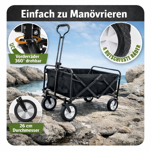 Faltbarer Bollerwagen mit 360 Grad drehbaren Vorderrädern und rutschfesten Rädern mit 26 Zentimeter Durchmesser.