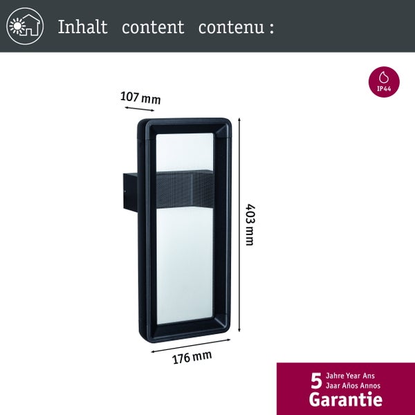 Außenwandleuchte mit Maßen: 403 Millimeter Höhe, 176 Millimeter Breite, 107 Millimeter Tiefe. IP44 spritzwassergeschützt und 5 Jahre Garantie.