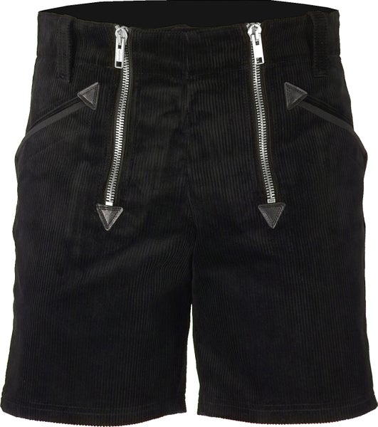 Schwarze Zunft-Shorts aus Genuakord mit zwei Reißverschlüssen und Gürtelschlaufen.