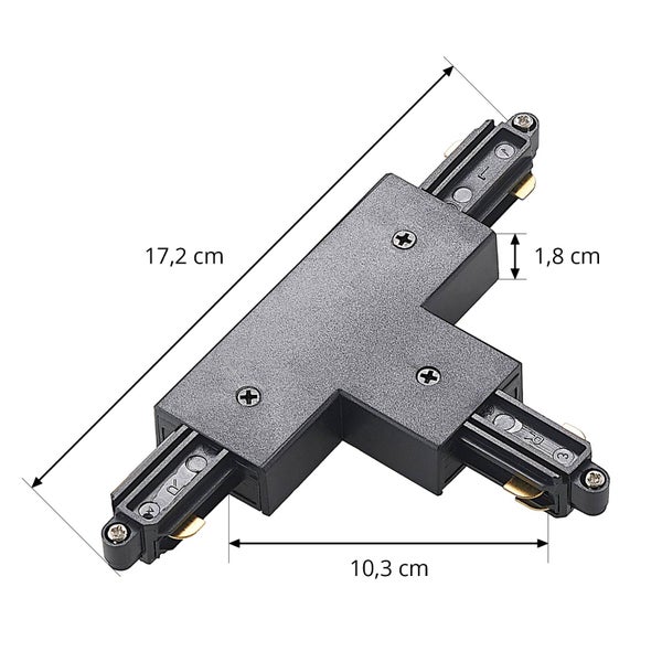 Schwarzer T-Verbinder für Stromschienensystem mit Maßangaben von 17,2 Zentimeter, 10,3 Zentimeter und 1,8 Zentimeter.